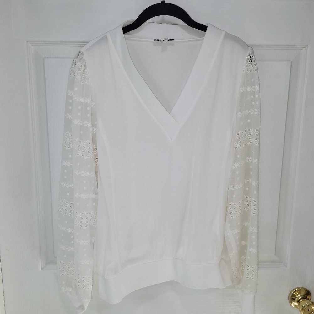 Express White V-Neck Blouse with Lace Detail & Sheer Skeeves - L
